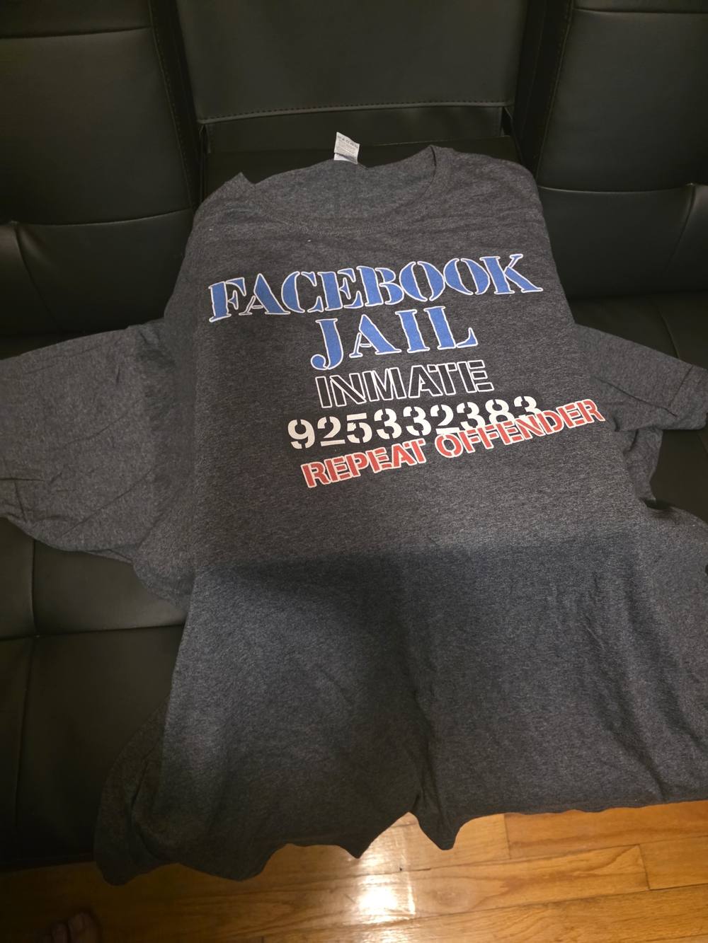 Fruit of the Loom Dark Gray "Facebook Jail" Graphic Tee with Red & Blue Print